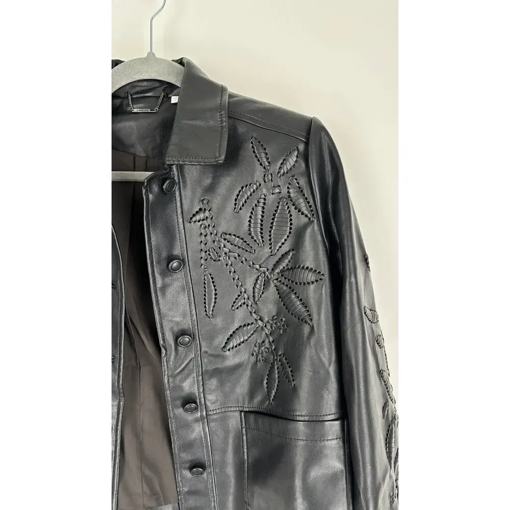 Chicos Womens Black Cutwork Faux Leather Jacket Size 8 Chicos 1 New Long Sleeve